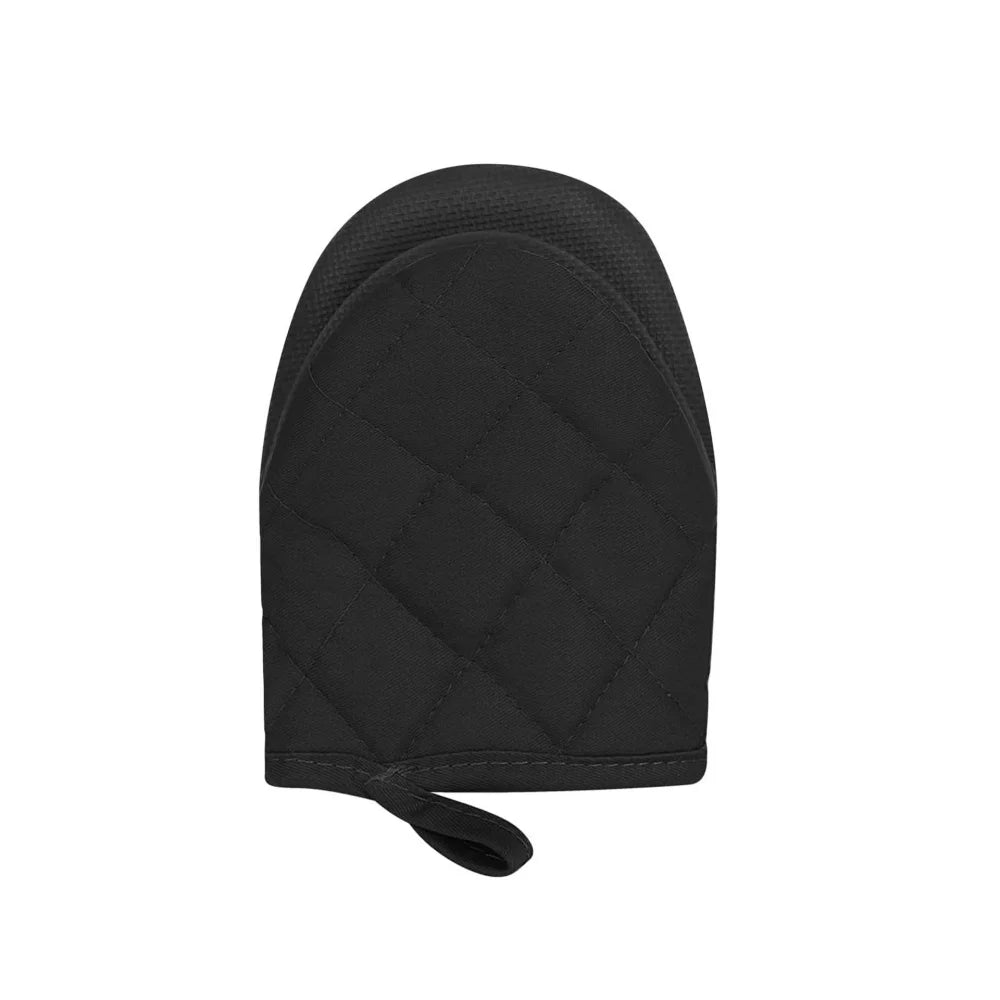 Black quilted heat resistant oven mitt with a silicone grip
