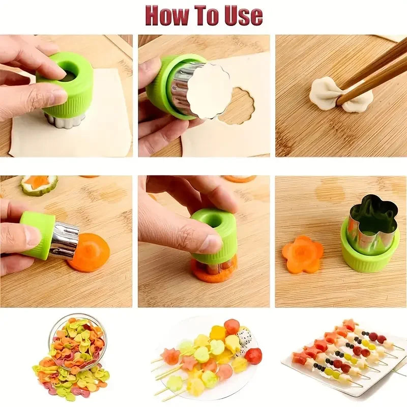 A set of 12 stainless steel vegetable and fruit molds, including green silicone molds and various fruit shapes.