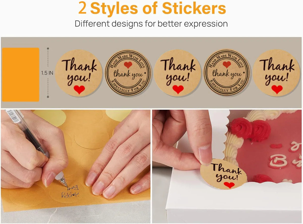 Two styles of thank you stickers on a light brown background for party and celebration supplies