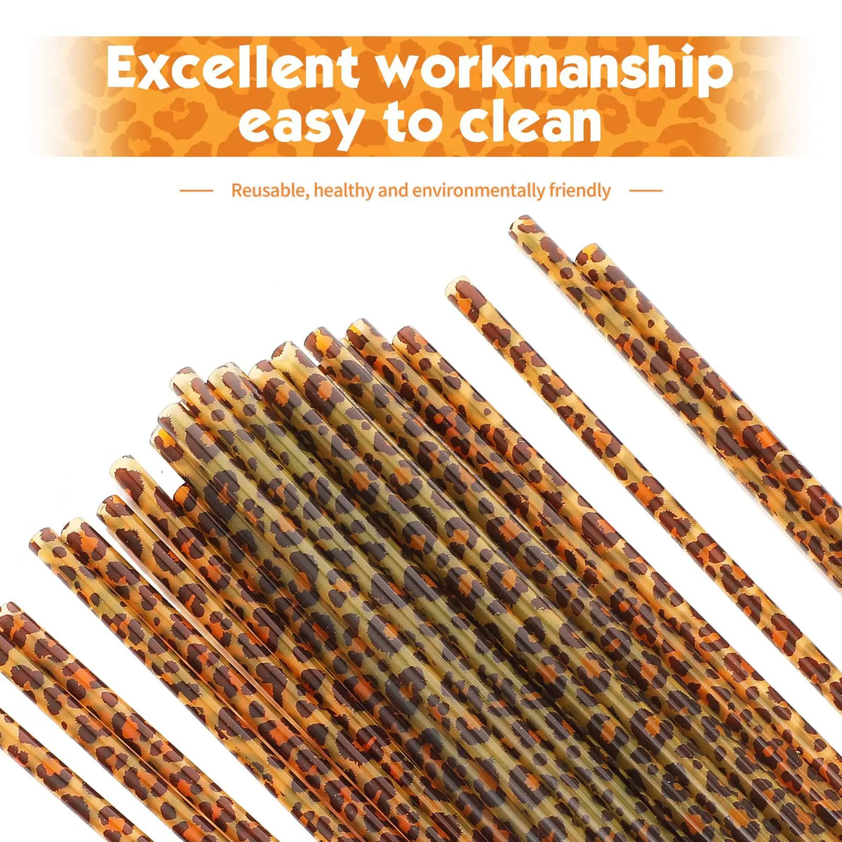 A bundle of reusable plastic straws with a leopard print pattern and cleaning brushes.