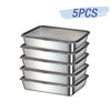 Five stackable stainless steel food storage containers.