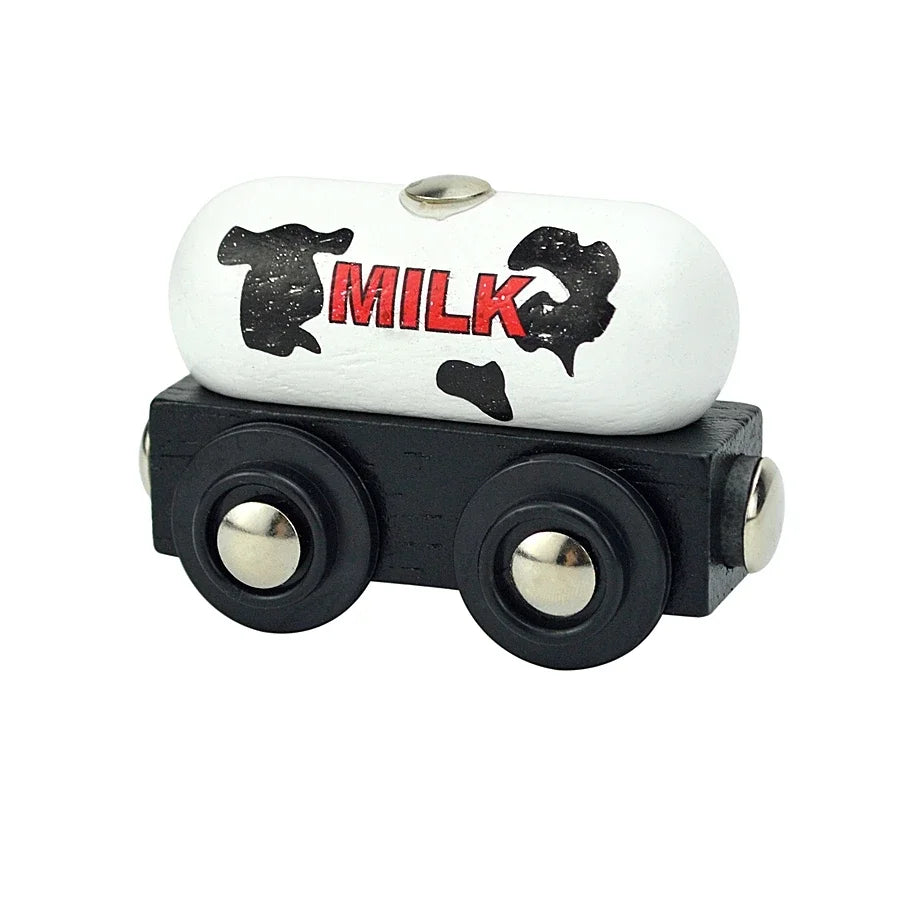 A wooden magnetic train car set featuring a white milk-themed engine and black wheels.