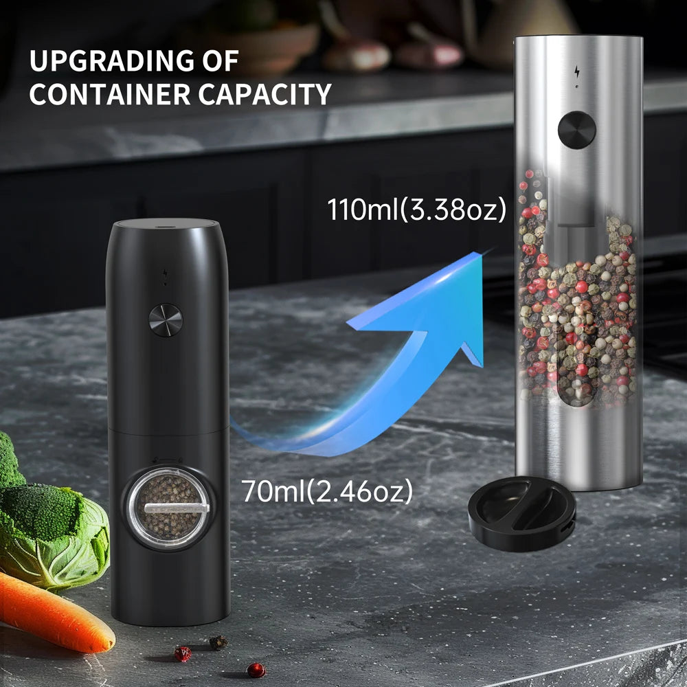 Comparaison d'un moulin à épices rechargeable USB automatique de 70ml avec une version plus grande de 110ml