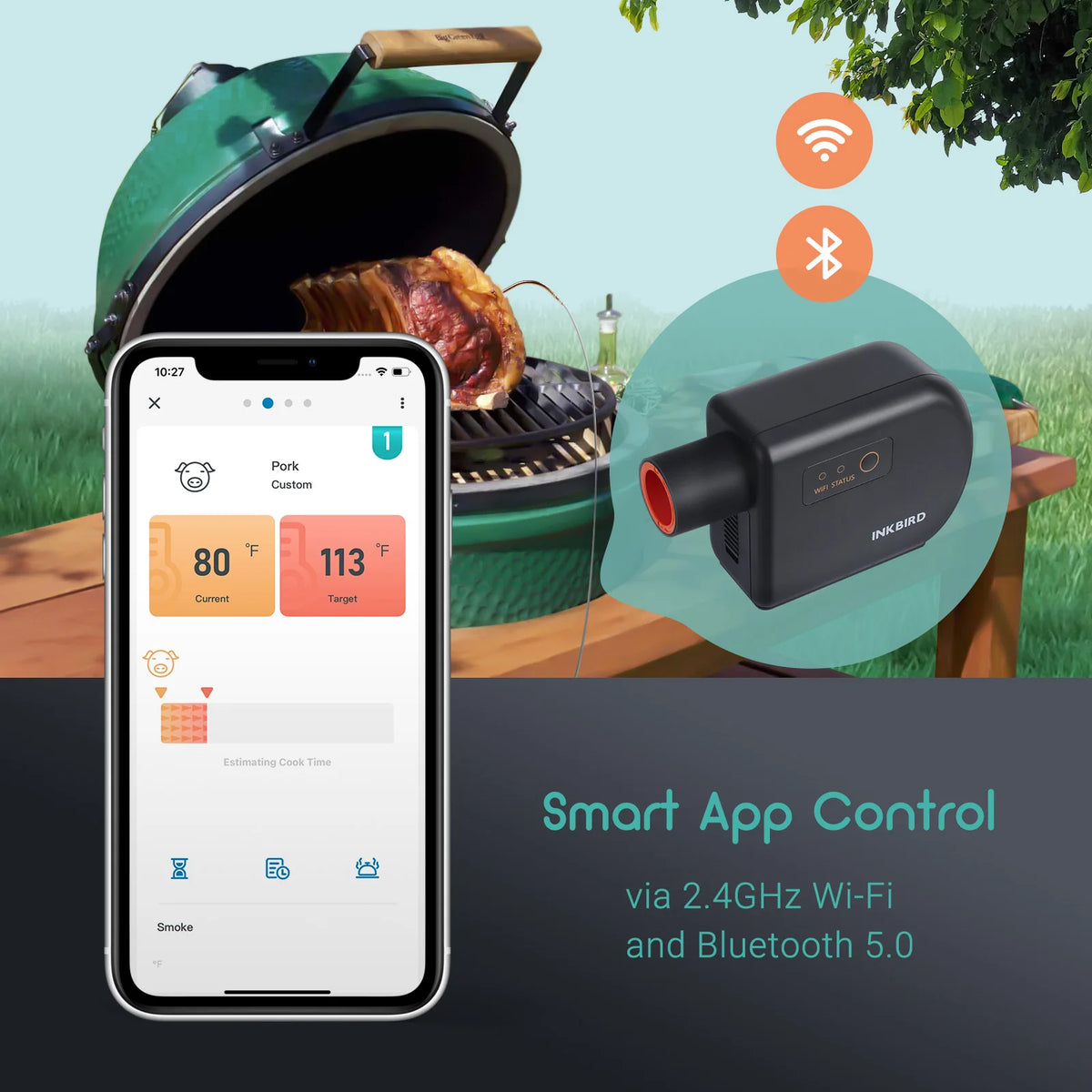 A smartphone screen shows a smart app interface for controlling an Inkbird grill temperature, with the grill visible in the b