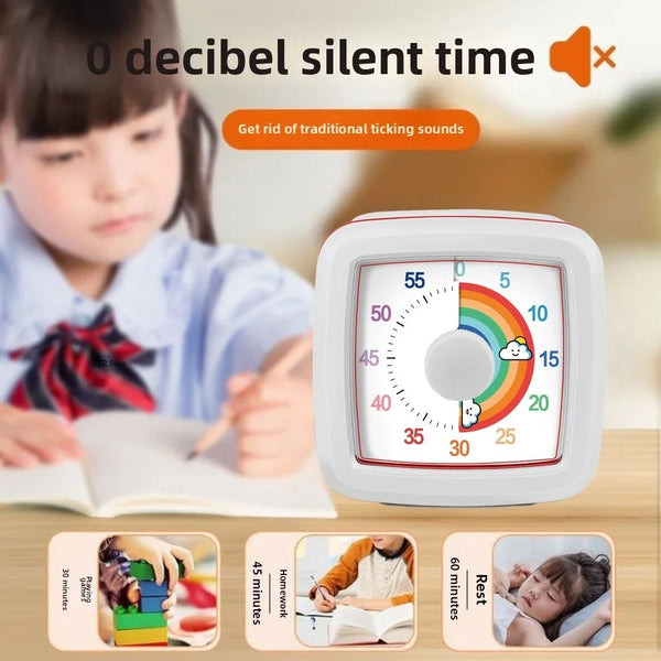 A white silent visual countdown timer device is shown next to a child writing, with usage examples displayed below.