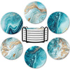 A set of six marble style acrylic coasters featuring blue and gold marbled patterns.