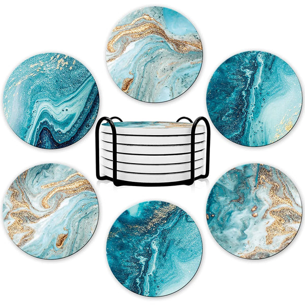 Set aus sechs Marmor-ähnlichen Acryl-Untersetzern mit blau-goldenen Marmormustern