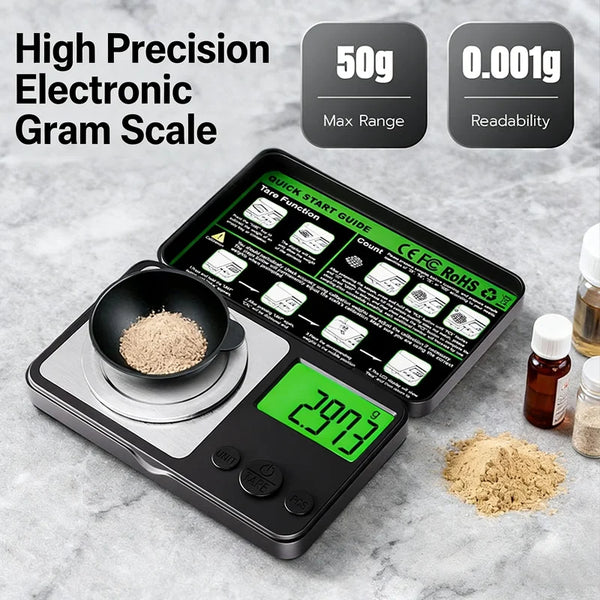 A black digital gram scale is shown measuring a pile of light brown powder on a marble surface.