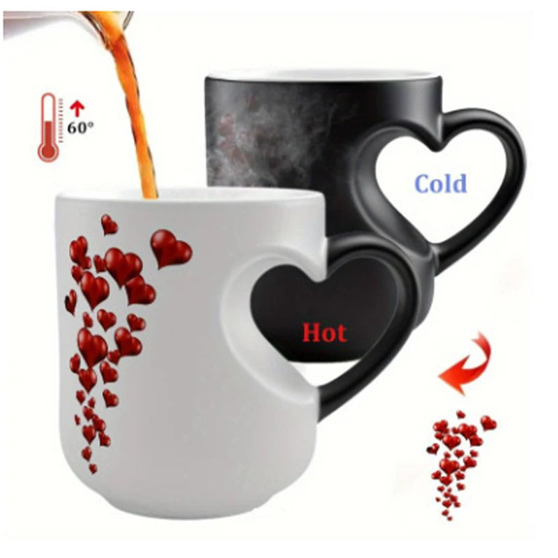 A heart-shaped mug is shown with hot liquid pouring into it, contrasting with a cold mug nearby.