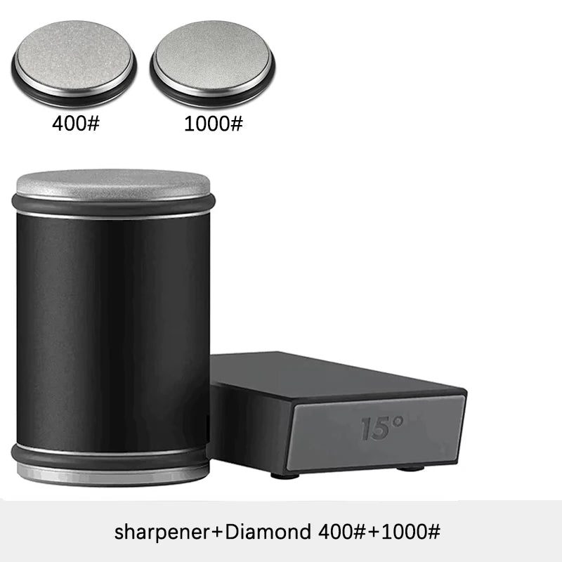 A magnetic rolling knife sharpener kit showing a black cylindrical sharpener and two diamond discs labeled 400# and 1000#