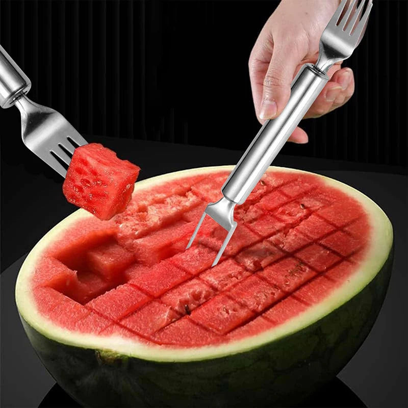 Stainless steel fruit cutters slicing a watermelon, demonstrating a 2-in-1 cutting tool.