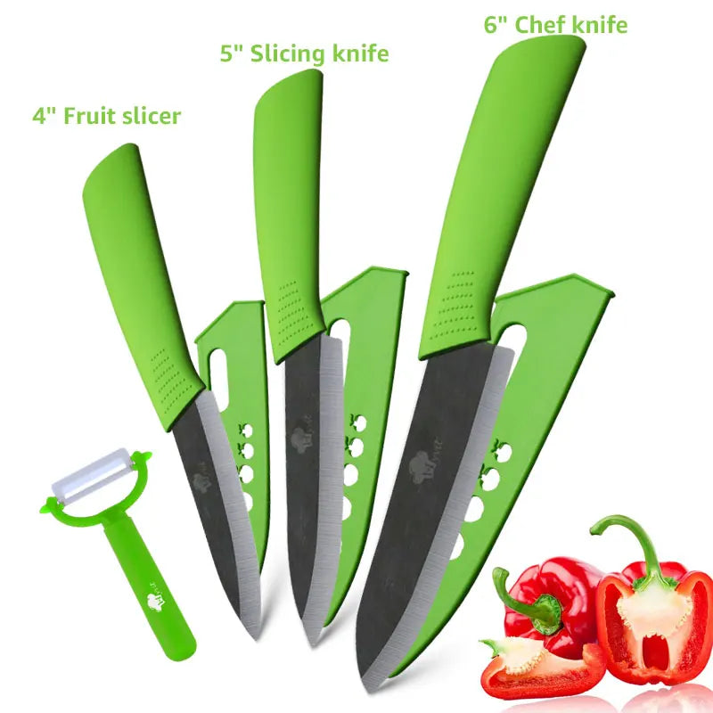 Un jeu de couteaux de cuisine en céramique verts, comprenant un couteau à trancher de 5 pouces, un couteau de chef de 6 pouce
