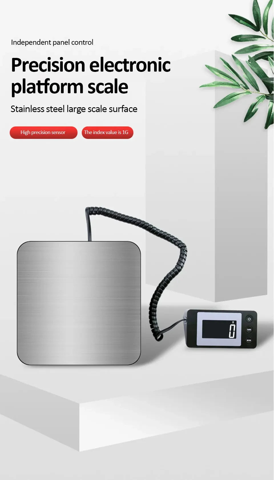 A stainless steel platform scale with an independent panel control and a digital display, shown next to a plant.
