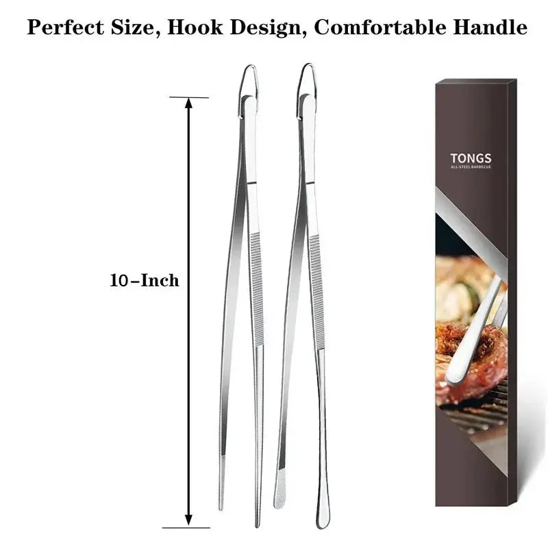 A pair of stainless steel cooking tongs shown next to a box, highlighting their perfect size and hook design.