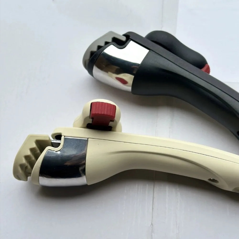 A close-up view of a detachable cookware handle clip in beige and silver colors.