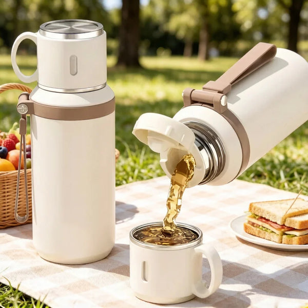A white insulated stainless steel travel mug is pouring hot liquid into a white mug on a checkered cloth outdoors.