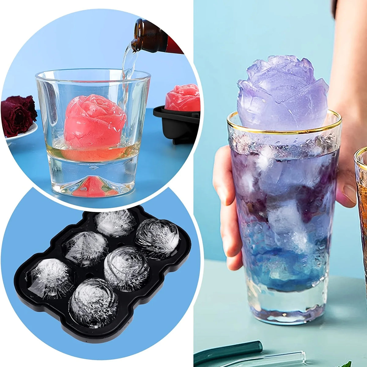 Silicone molds for diamond rose shaped ice cubes used to create colorful frozen drinks