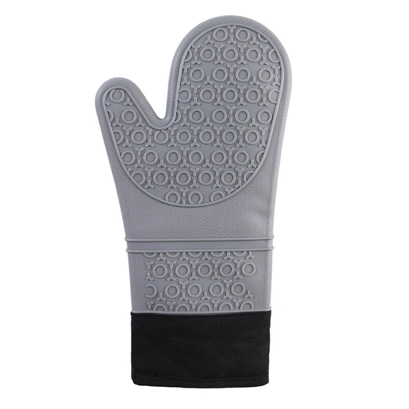 Gray heat resistant silicone oven mitts with a black wrist strap