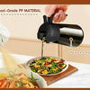 A hand is pouring olive oil from a dark glass dispenser bottle into a bowl, demonstrating food-grade, lead-free materials.