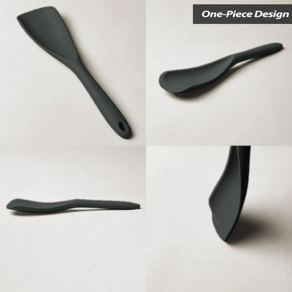 A black heat resistant silicone stirring spoon shown in various angles and a close-up view.