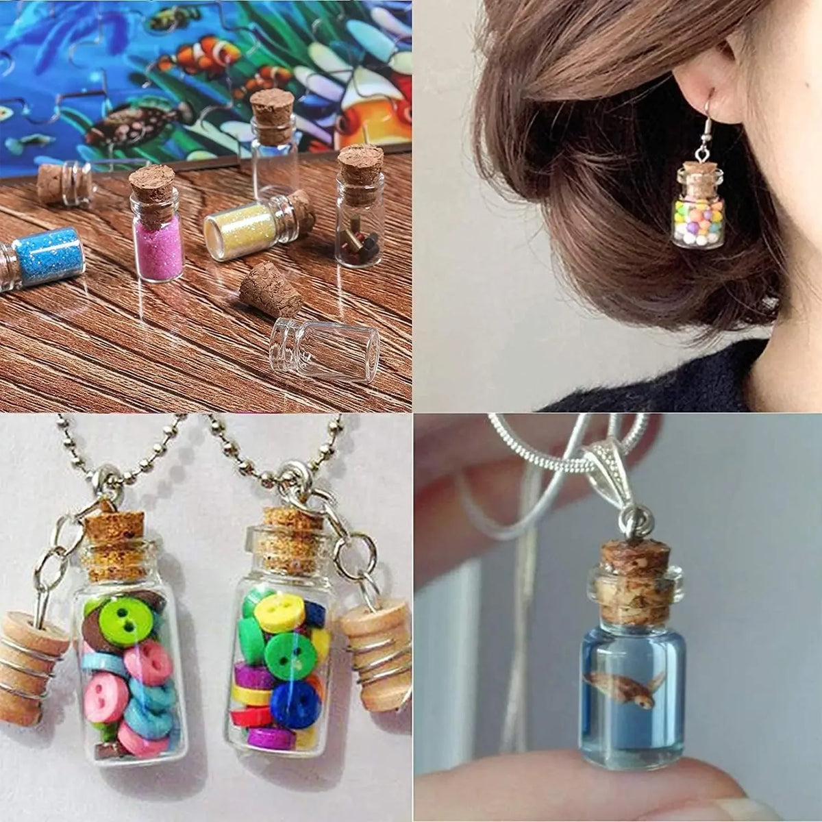 Klare Glasfläschchen mit Korkverschluss, gefüllt mit farbenfrohen getrockneten Blumen und Kräutern