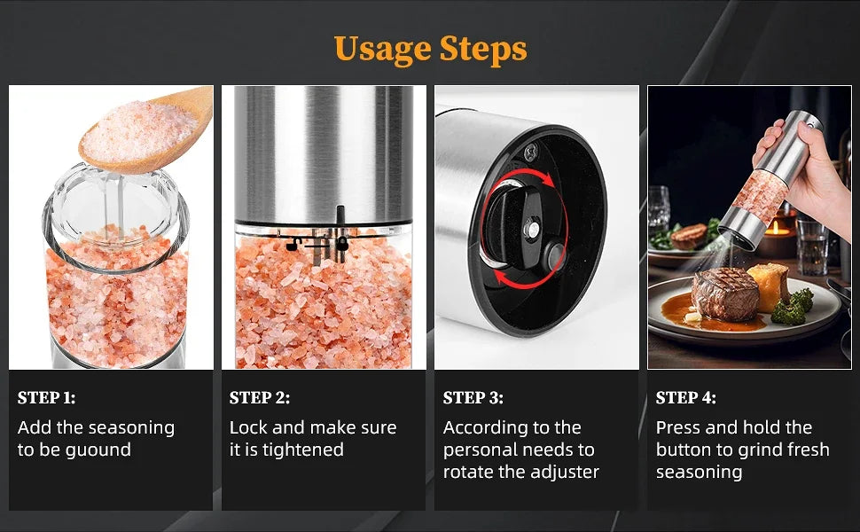 Four steps showing how to use a USB rechargeable electric salt and pepper grinder for grinding seasonings.
