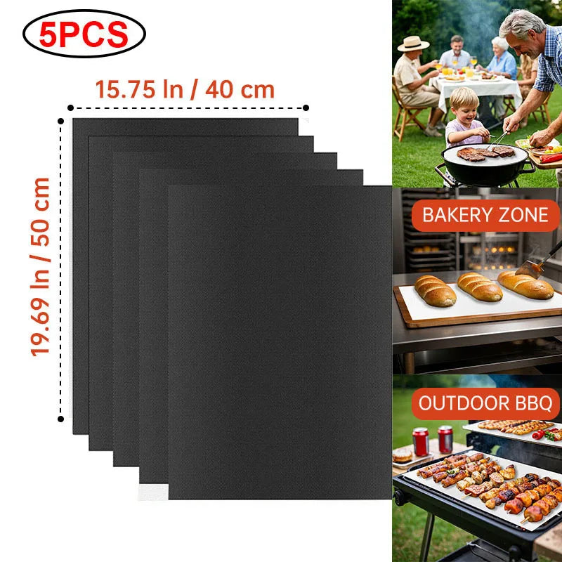 Five reusable black silicone baking mats stacked and shown in context with bakery and outdoor BBQ scenes
