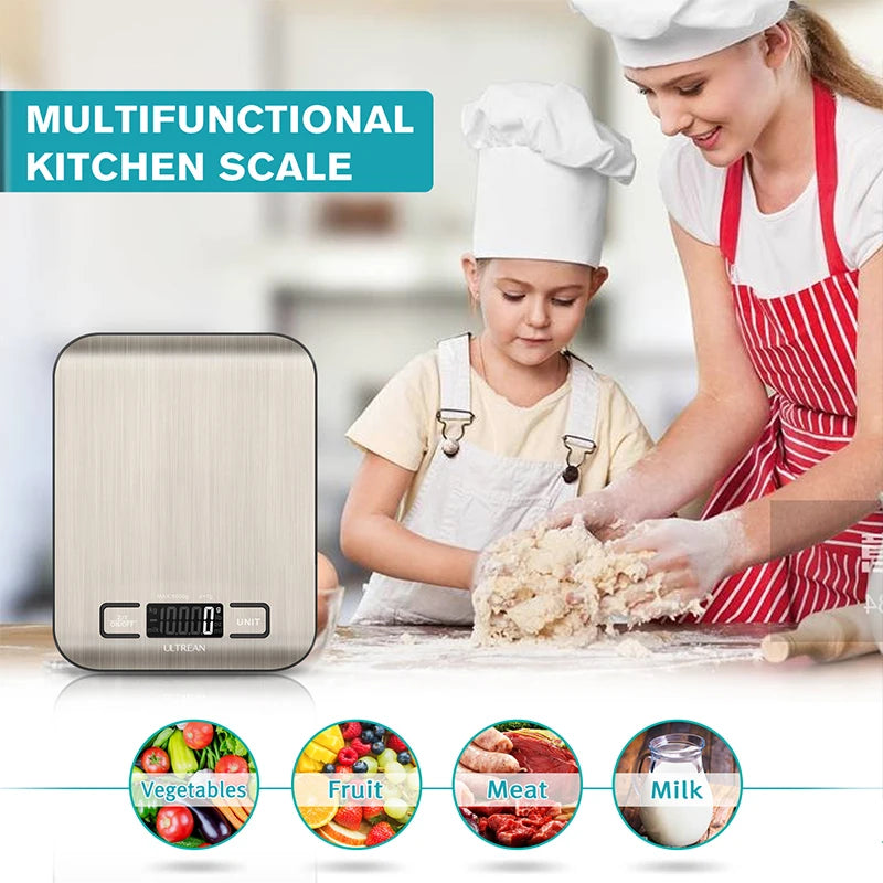 A girl is using a multifunctional kitchen scale to measure ingredients like vegetables, fruit, meat, and milk.