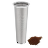 A tall, cylindrical 304 stainless steel cold brew filter with a ribbed texture next to a pile of dark brown grounds.