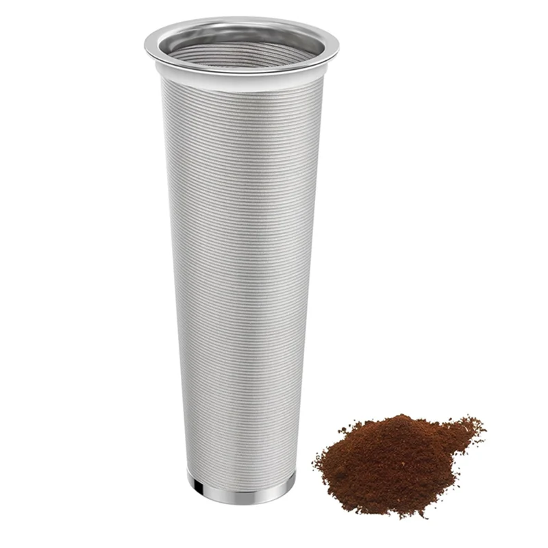 A tall, cylindrical 304 stainless steel cold brew filter with a ribbed texture next to a pile of dark brown grounds.