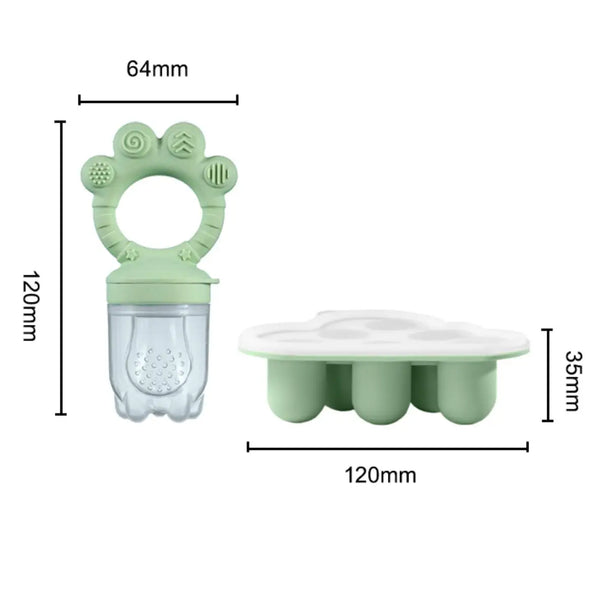 Set aus Silikon-Baby-Futterhilfen und einer Gefrierform, hellgrüne Farbe.
