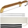 A wooden bread bow cutter with a blade and black rubber bands for baking.
