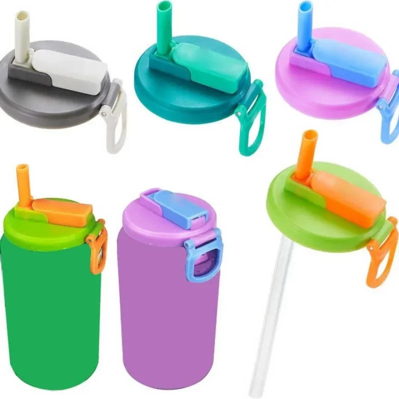 Set of reusable silicone can lids with straws in various colors including green, purple, and blue.