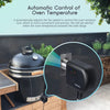 A black automatic oven temperature controller device is shown next to a cooking pot in a kitchen setting.