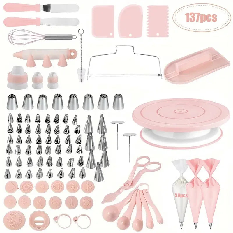 A pink cake decorating kit featuring various spatulas, piping tips, and a turntable for decorating cakes.
