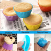 Reusable silicone cupcake liners in purple and yellow colors shown with baking cups.
