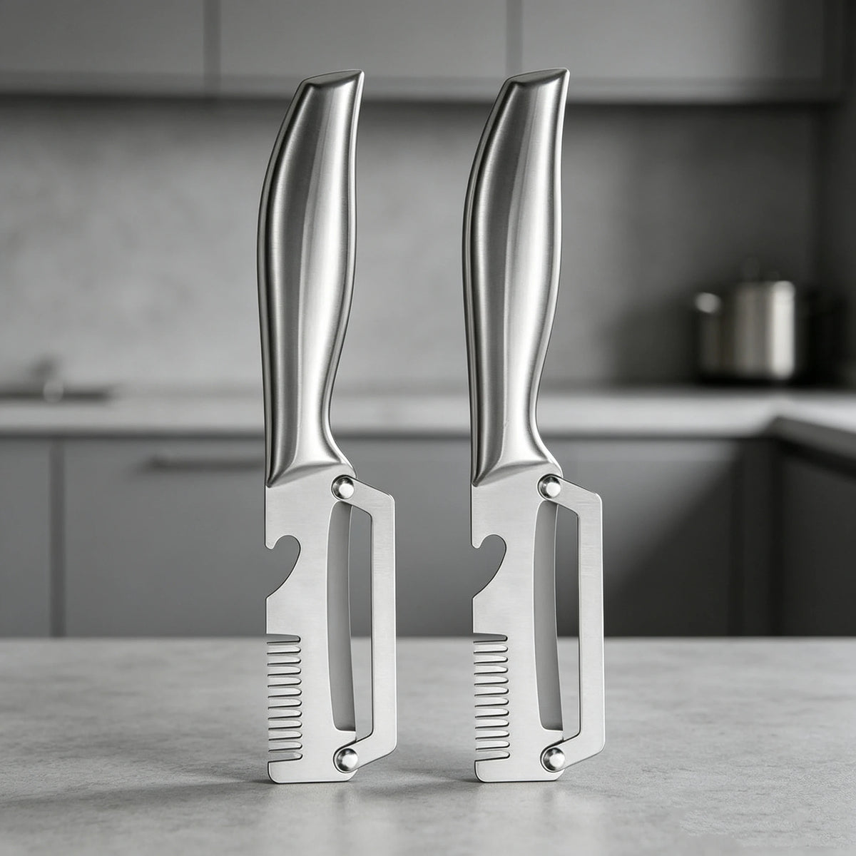 A pair of stainless steel ergonomic vegetable peelers resting on a light gray countertop.