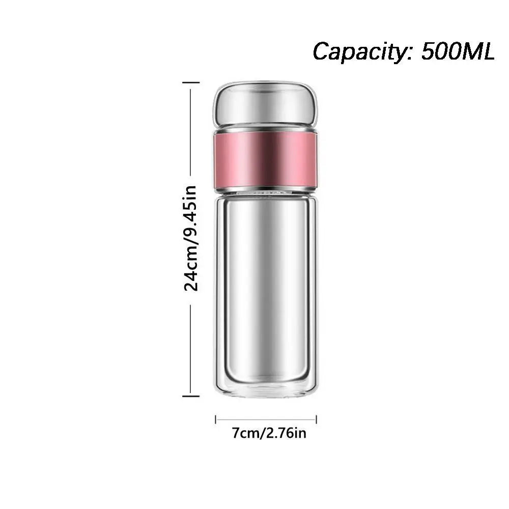 A clear glass tea infuser bottle with a pink cap, showing its dimensions and 500ml capacity.