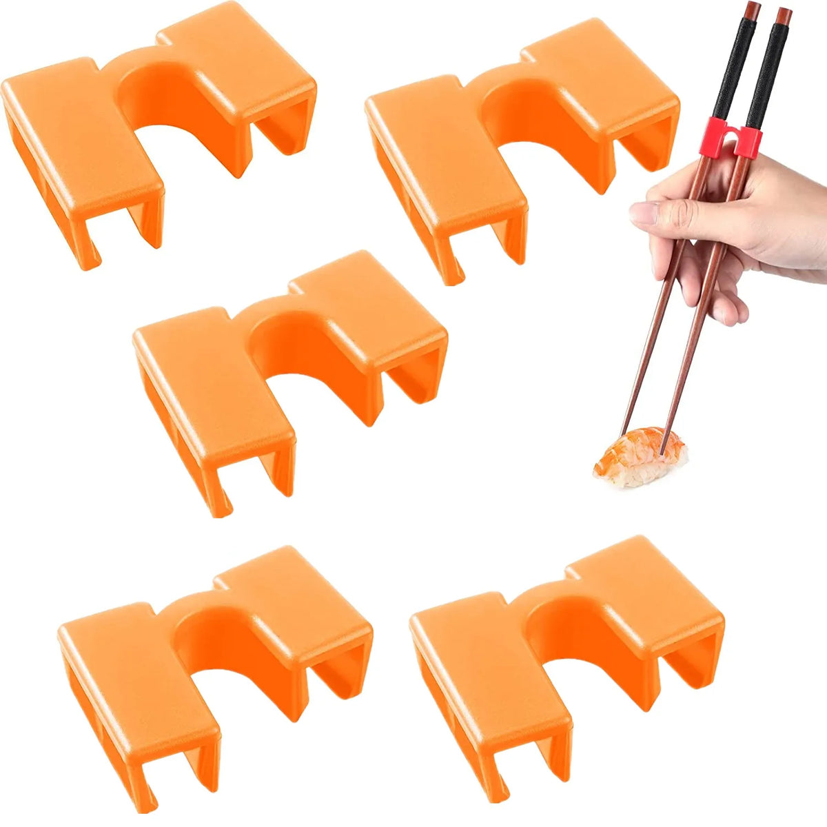 Orange reusable chopstick helpers designed to aid in learning and grasping skills.