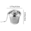 A silver stainless steel tea leaf infuser filter with a chain attached, measuring 1.77 inches in diameter and 3.54 inches hig