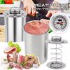 Stainless steel meat press with thermometer showing various cuts of meat.
