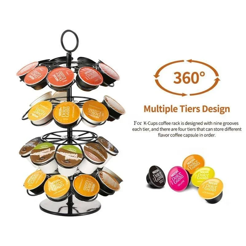A rotating coffee pod storage rack with multiple tiers designed to hold flavor coffee capsules.