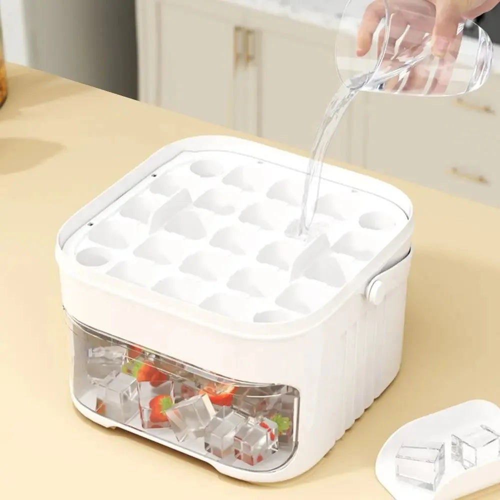 A white refrigerator ice maker with an easy-press lid is shown pouring water into a clear ice cube tray.