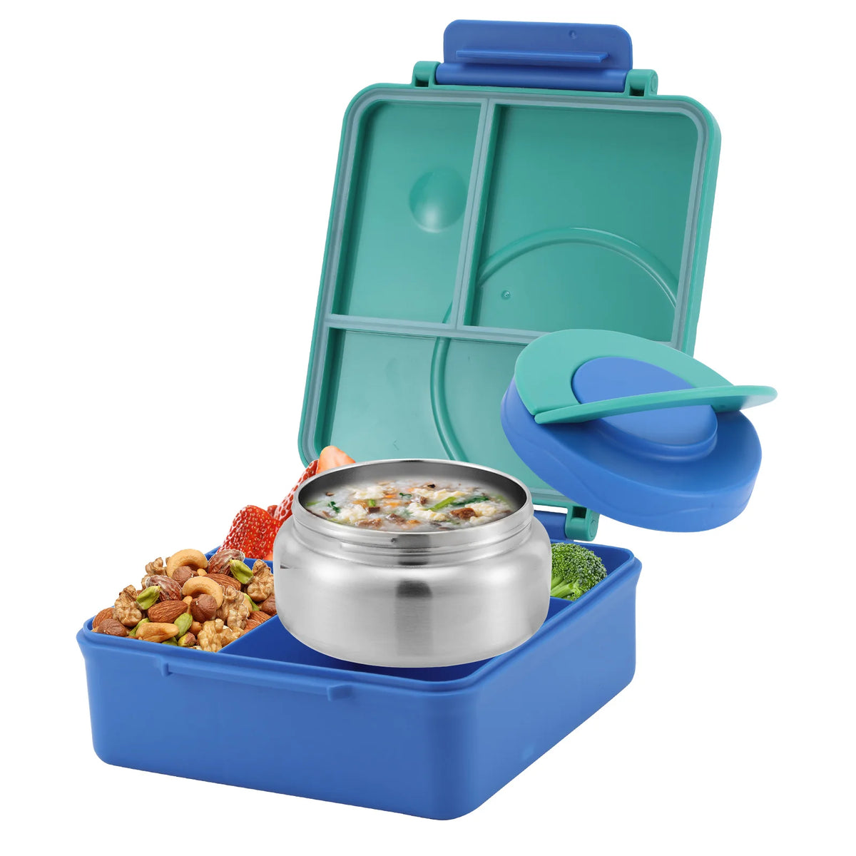 A blue insulated bento lunch box with a clear lid, containing a stainless steel food container and a green compartment.