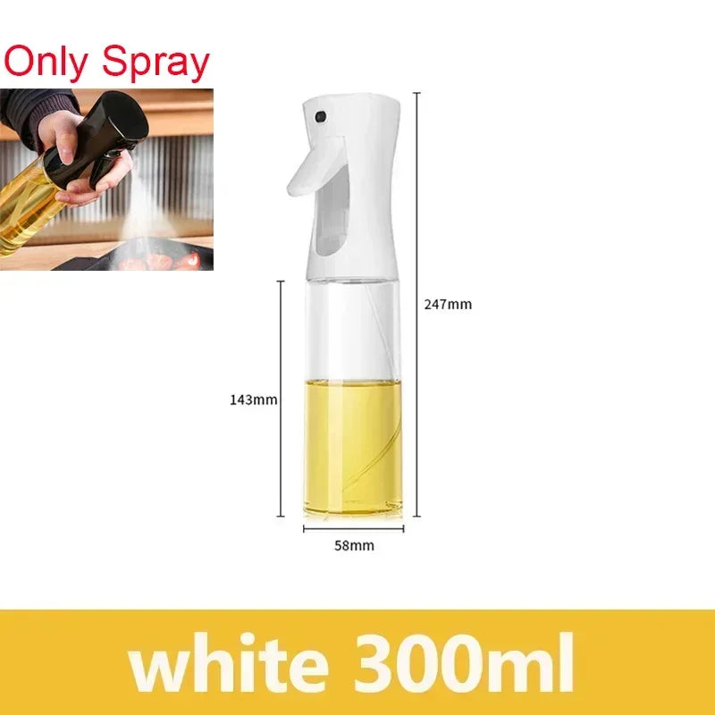 White 300ml dual-function kitchen oil spray bottle being used to spray cooking oil.
