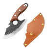 A forged stainless steel meat cleaver with a wooden handle and bottle opener.