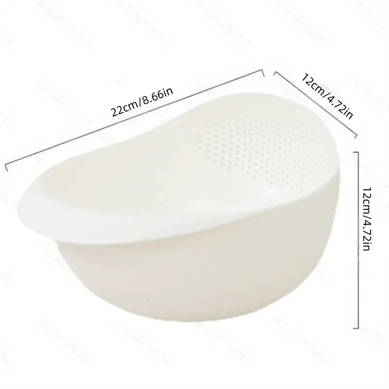 White multi-purpose kitchen strainer or sieve with a perforated surface and a handle.