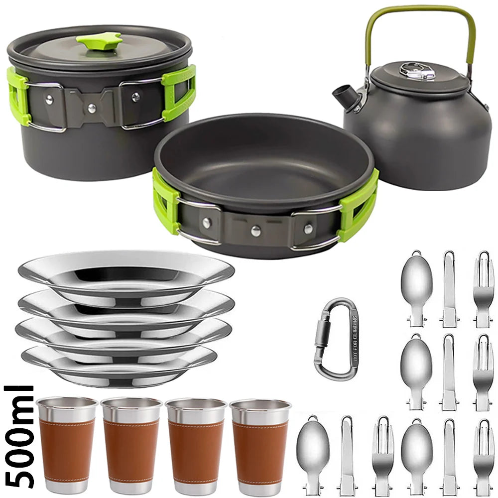 A camping cookware set showing a pot, frying pan, and various stainless steel bowls and cups.
