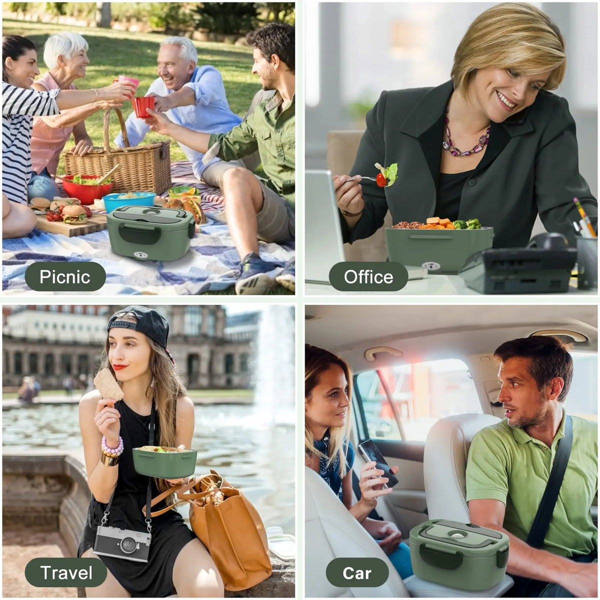 A woman uses a portable electric heated lunch box in an office setting, next to a laptop.
