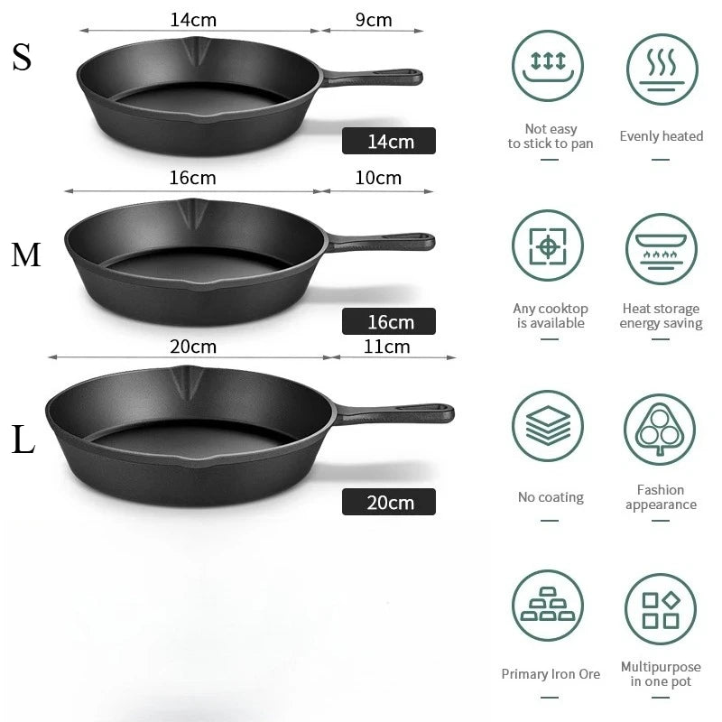 Three sizes of black cast iron frying pans labeled S, M, and L with corresponding dimensions.